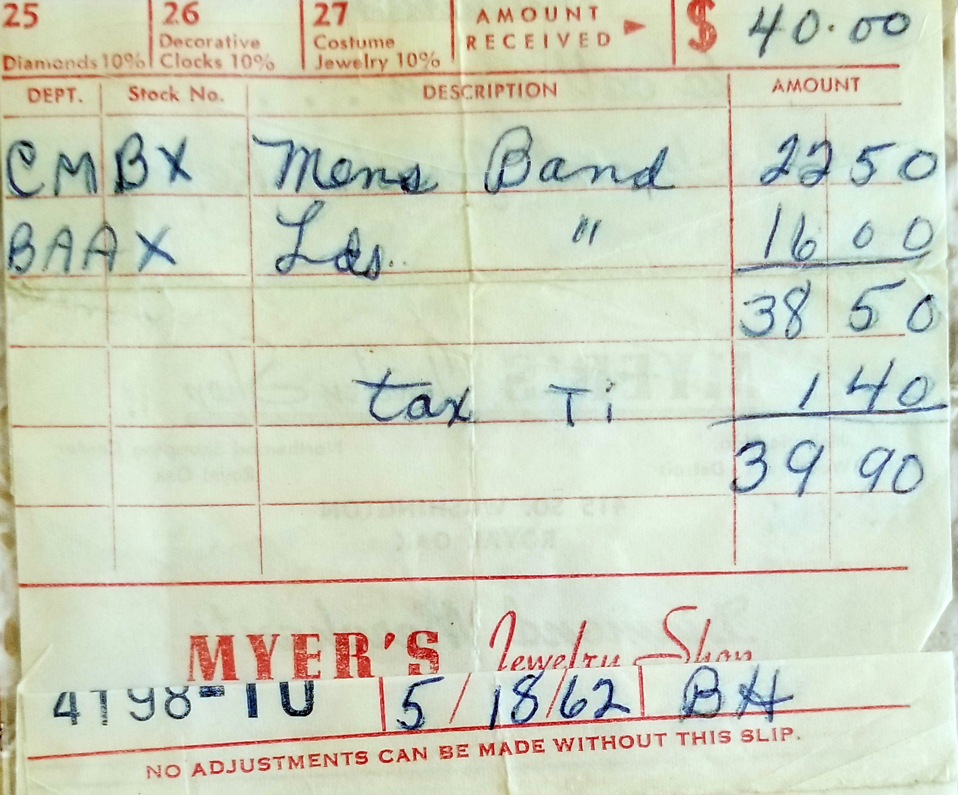 Receipt from Myers Jewelry Shop for Carol and Chuck's wedding rings, dated May 18, 1962